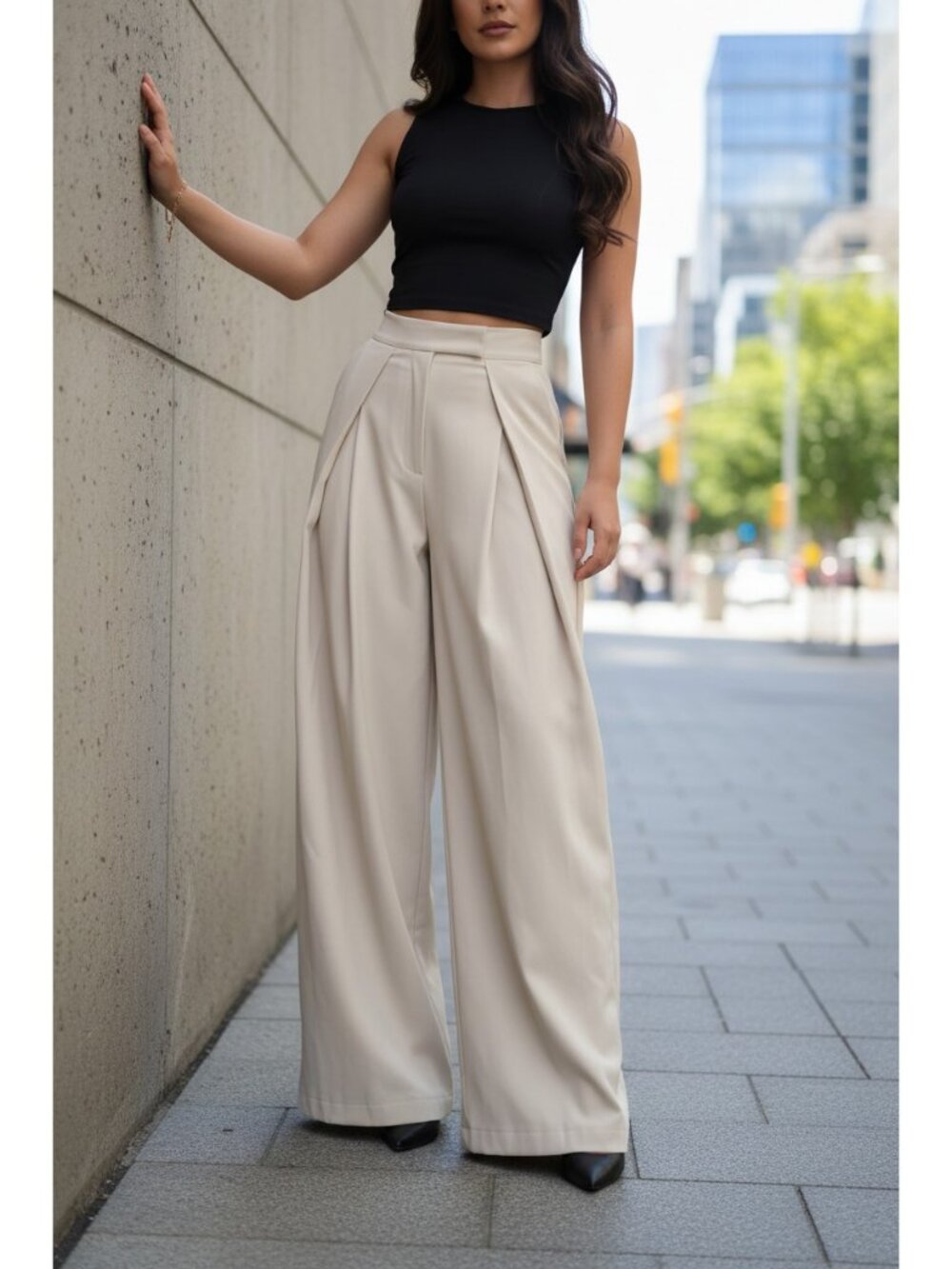 High-Waisted Double Pleated Fitted Waist Extra Wide Leg Pants Tailored Trousers